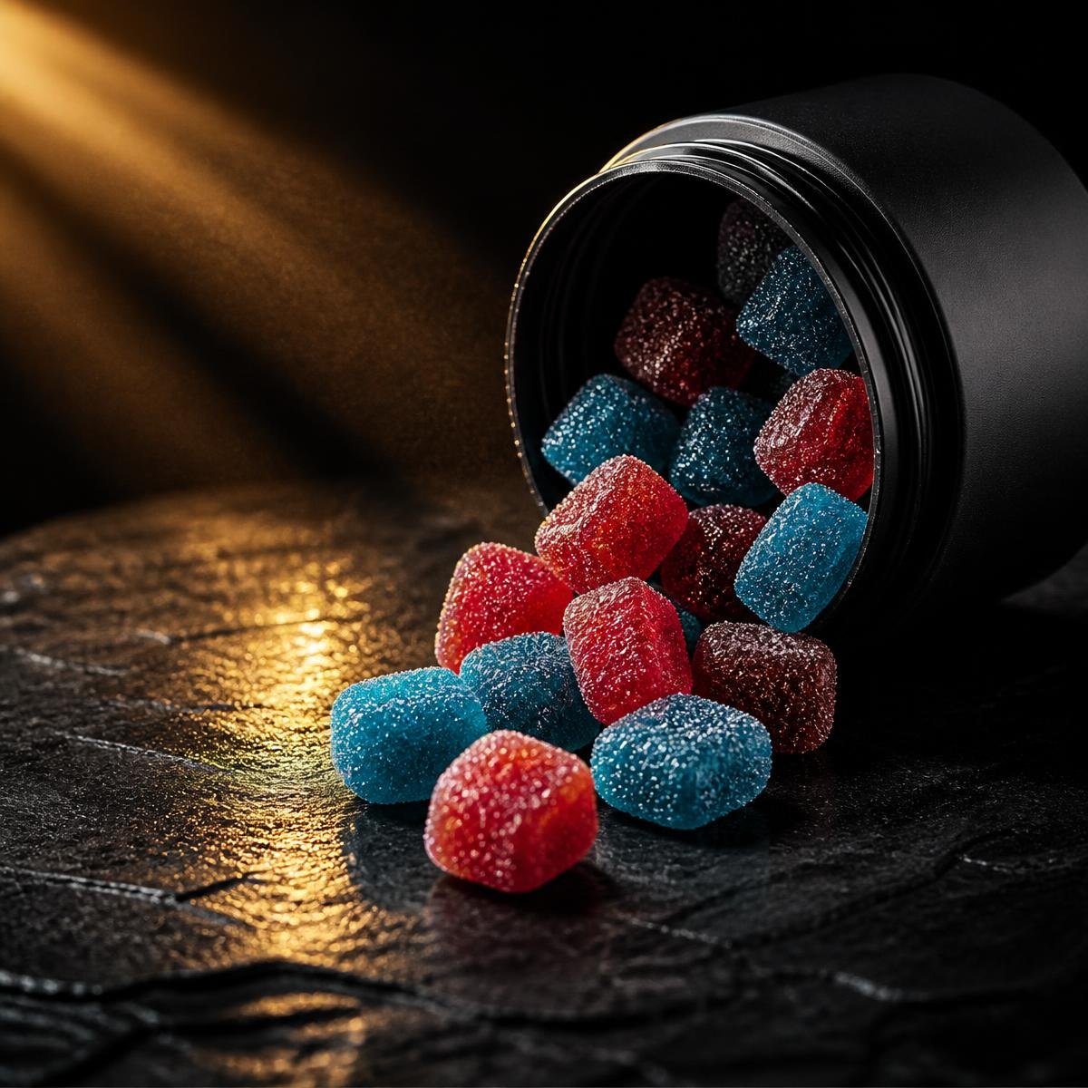 THC gummies spilling from a black jar