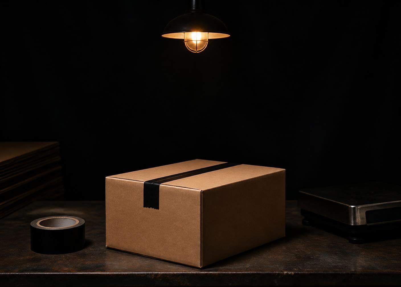 Plain kraft parcel sealed on a packing bench